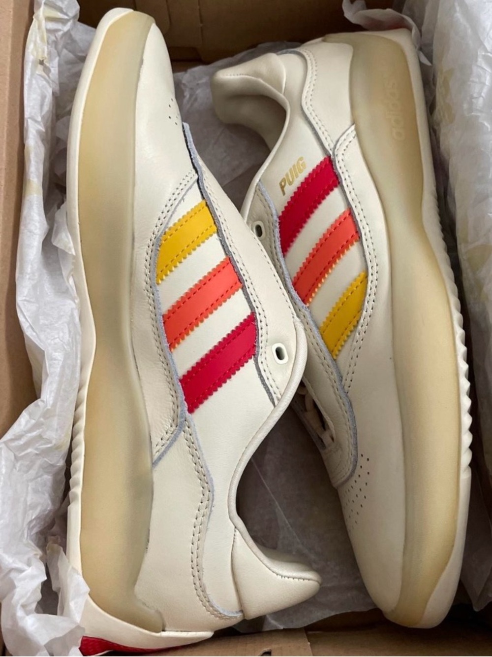 Adidas Puig Men’s Cream Sneakers with Red, Orange & Yellow Stripes